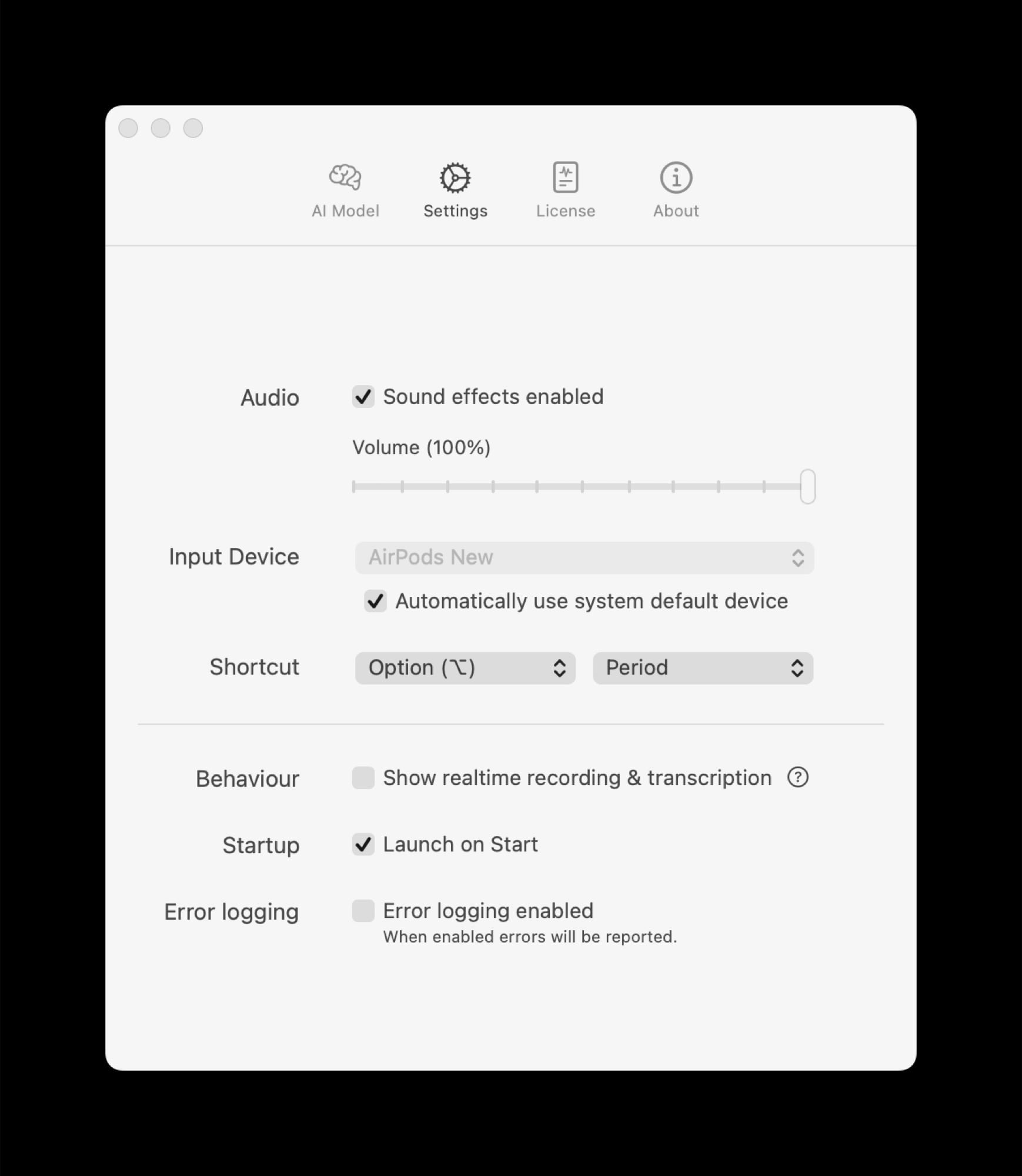 A screenshot of the settings of SuperWhisper.